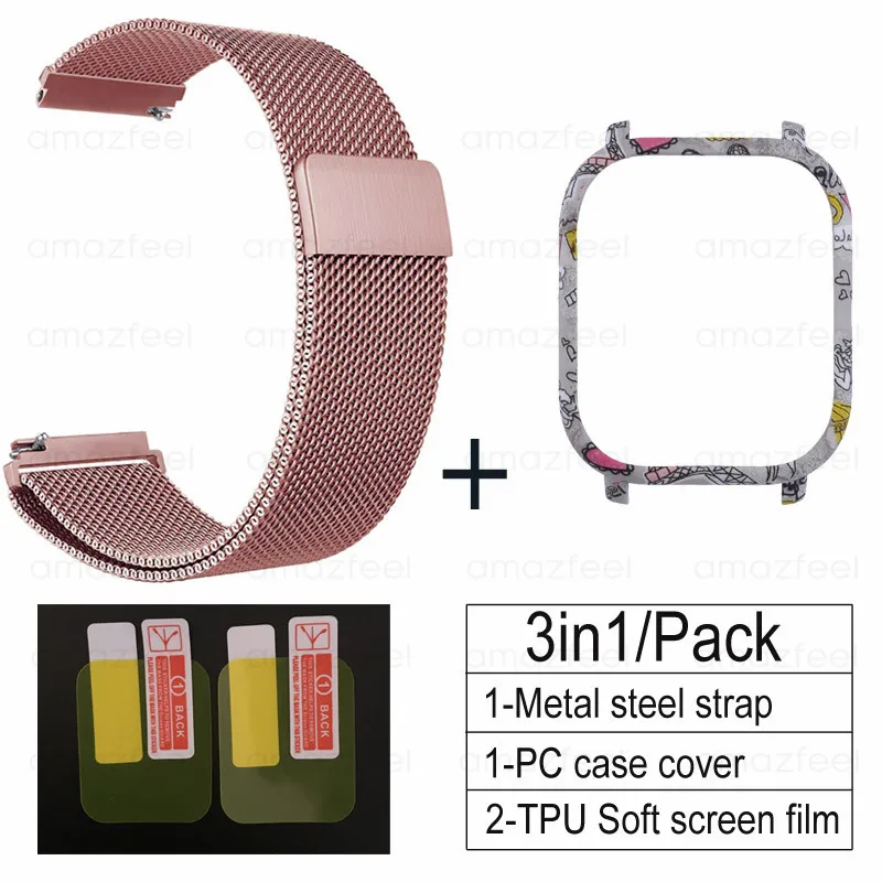 rose pink-Tower B 3 в 1 Аксессуары для Amazfit GTS ремешок с чехол металлический Миланский Браслет для Huami Amazfit GTS Band Защитная пленка для экрана - Цвет: rose pink-Tower B