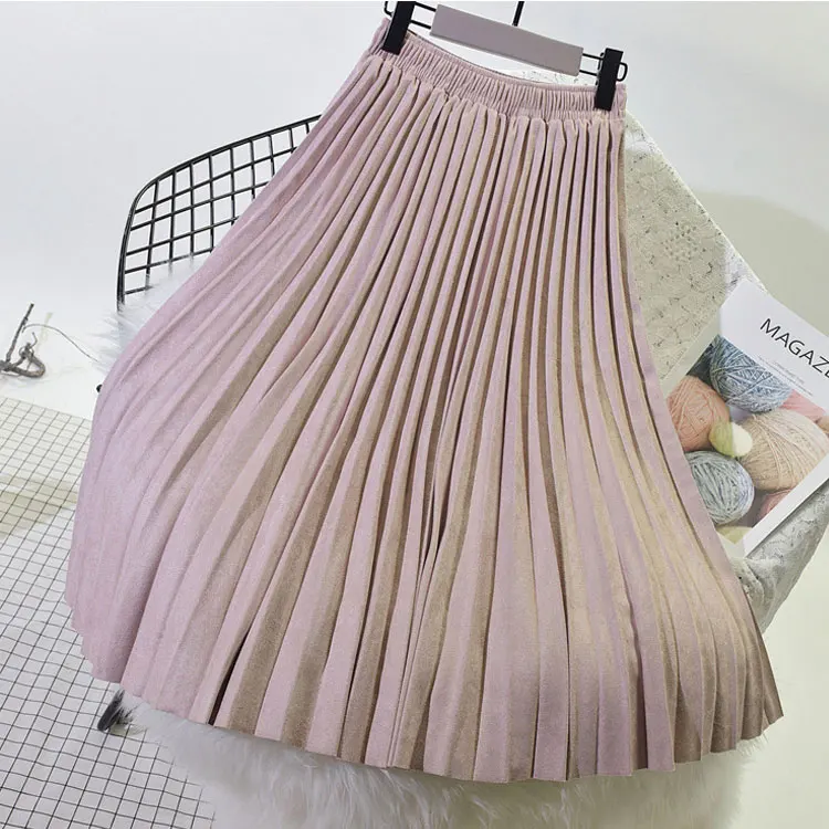 

2021 Two Layer Spring Women Suede Skirt Long Pleated Skirts Top Brand Womens Saias Midi Faldas Vintage Women Midi Skirt