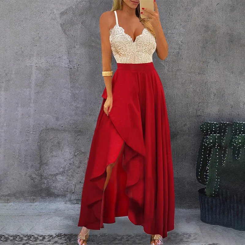 

Retro sexy lace sling top stitching high slit waist ruffled irregular dress female pure color elegant temperament dress 2021