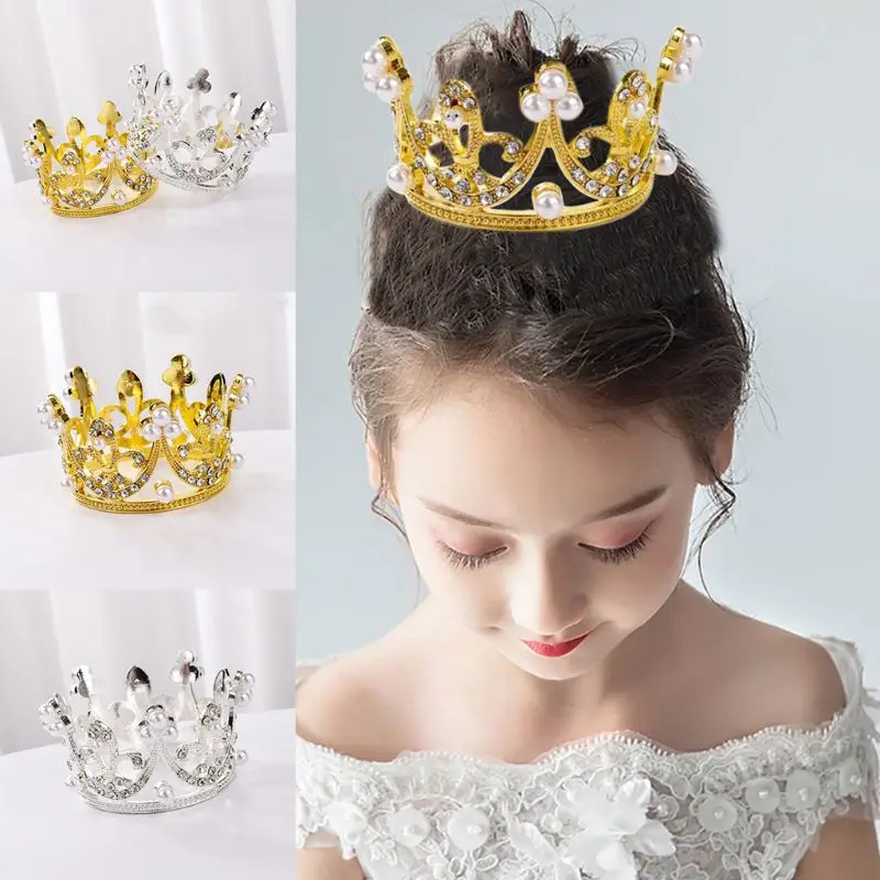 Mini Round Crown Rhinestone Pearl Tiara Cake Topper Children Hair Accessories A0NF | Украшения и аксессуары