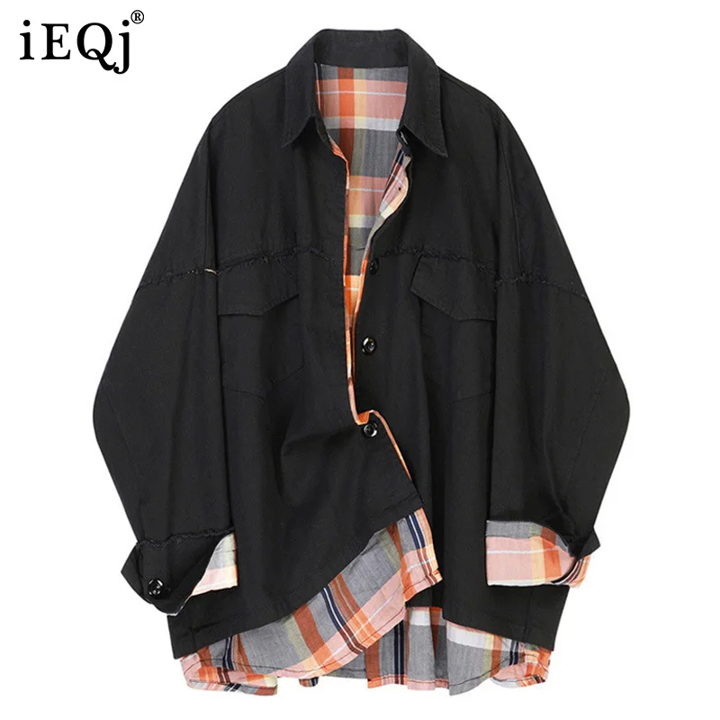 

IEQJ Loose Retro Fake Two Plaid Stitching Casual Short Jacket Top New Lapel Women Coat Fashion Tide Spring Autumn 2021 3F1798