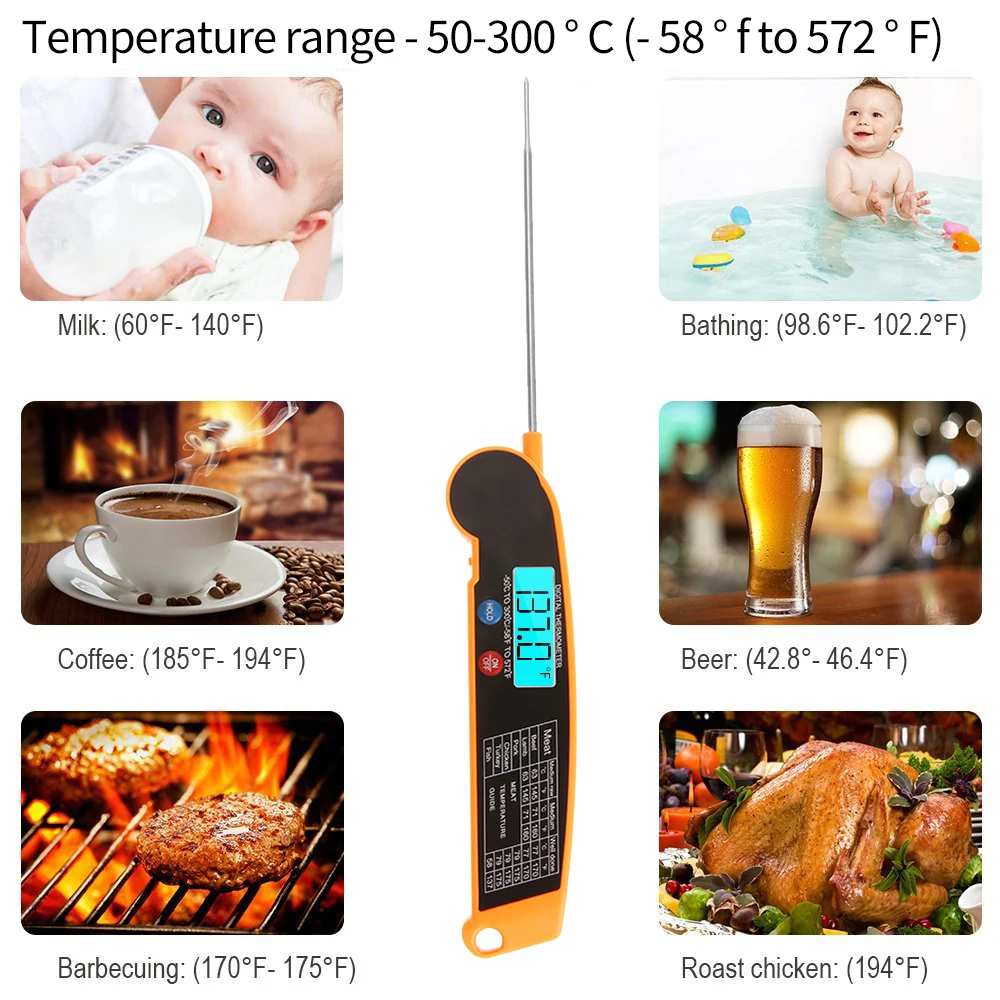 

Digital Instant Read Meat Thermometer Food Temperature Tester with Rotatable Probe Backlight for Grill BBQ Milk Kitchen Use