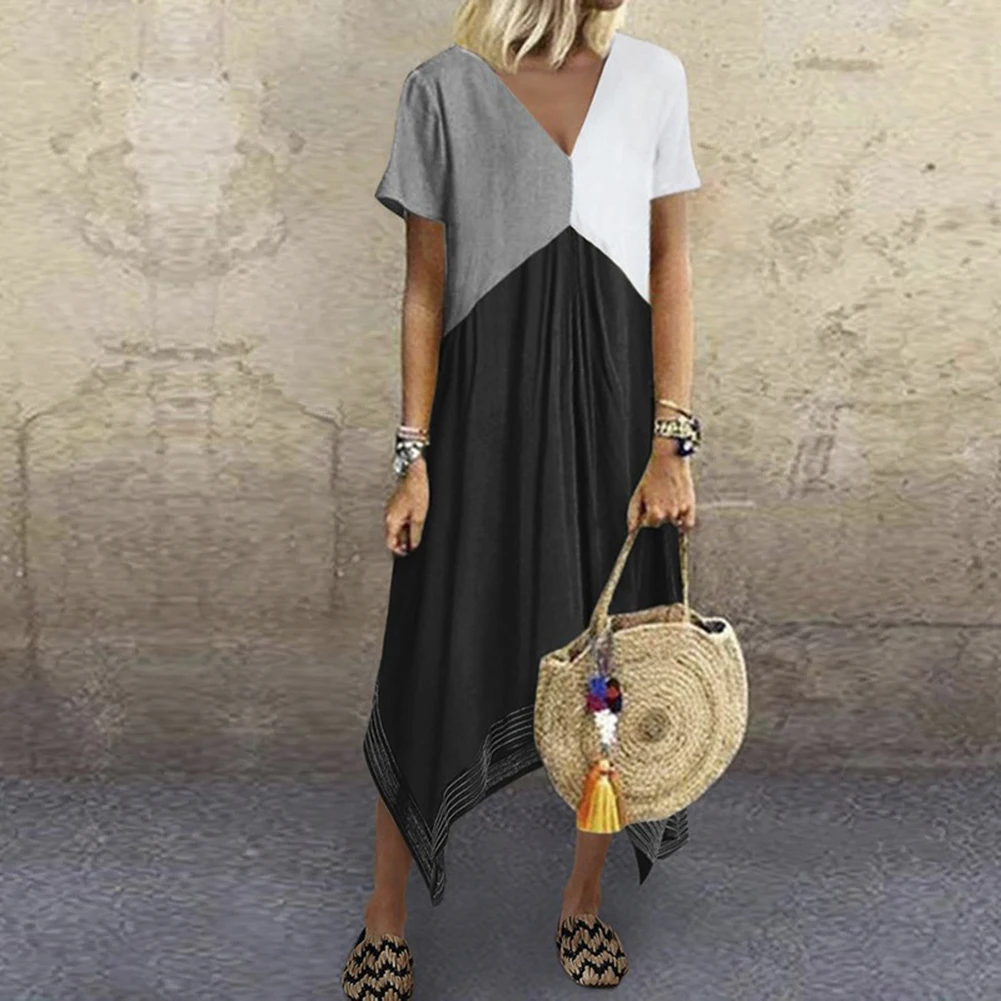 Платье женское средней длины с коротким рукавом V-образным вырезом | Женская