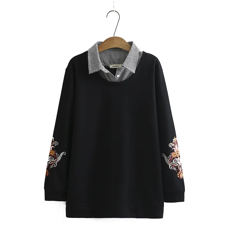 

Plus Size False Two Pieces Women Autumn Spring Hoodies Large Size Floral Embroidered Pullovers Casual Outerwear