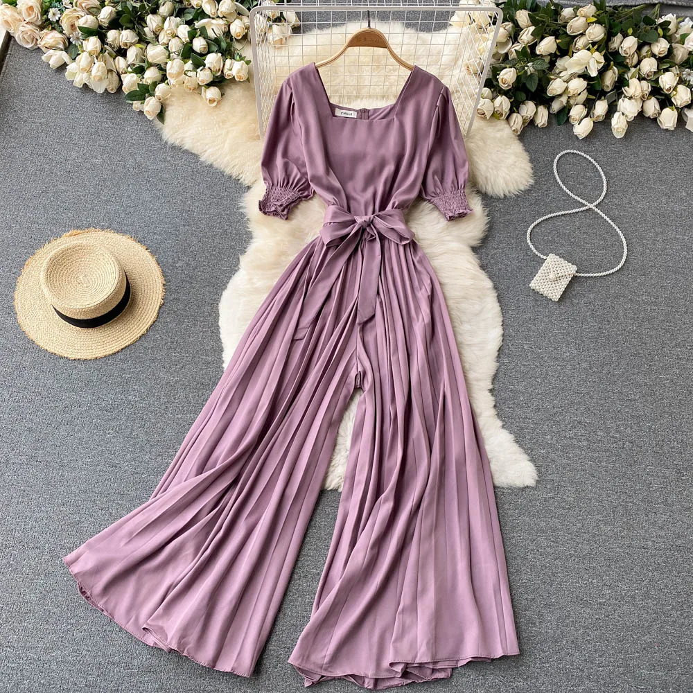 

Женский плиссированный комбинезон, повседневный комбинезон с квадратным вырезом, короткими рукавами-фонариками, высокой талией и широкими...