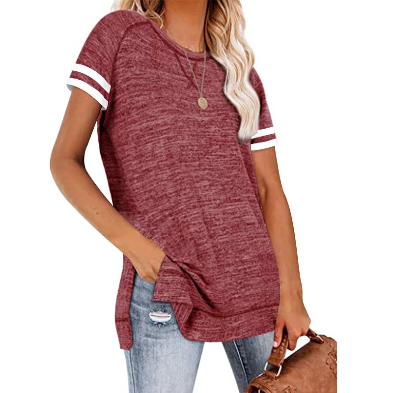 

Top Women's t-shirts summer traf casual color matching round neck T-shirt fashion stitching stripes anime woman tshirts