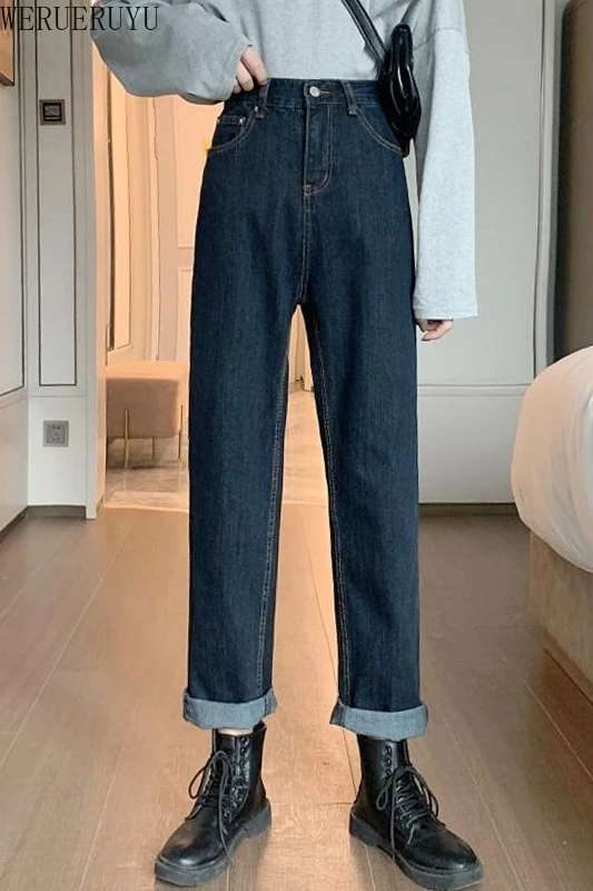 

WERUERUYUWide Leg Loose Women's High Waist Jeans Straight Harem Pants Street Retro Korean Wave Clothing Dark Blue Retro Cowboy