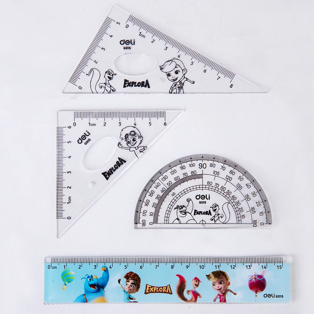 Набор линейки Deli EG01503 транспортир квадратов прозрачный компас 15 см 4 шт.|Наборы