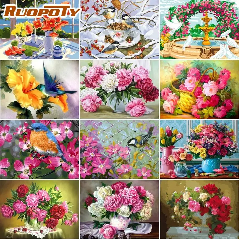 

RUOPOTY 60x75cm DIY Frame Painting by Number Kits Flowers Paint By Numbers For Adult Wall Art Picture Home Decor Gift