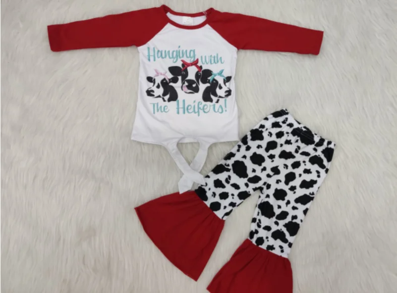 

Heifei screen print long sleeve top match bell bottom pants set kids clothing children