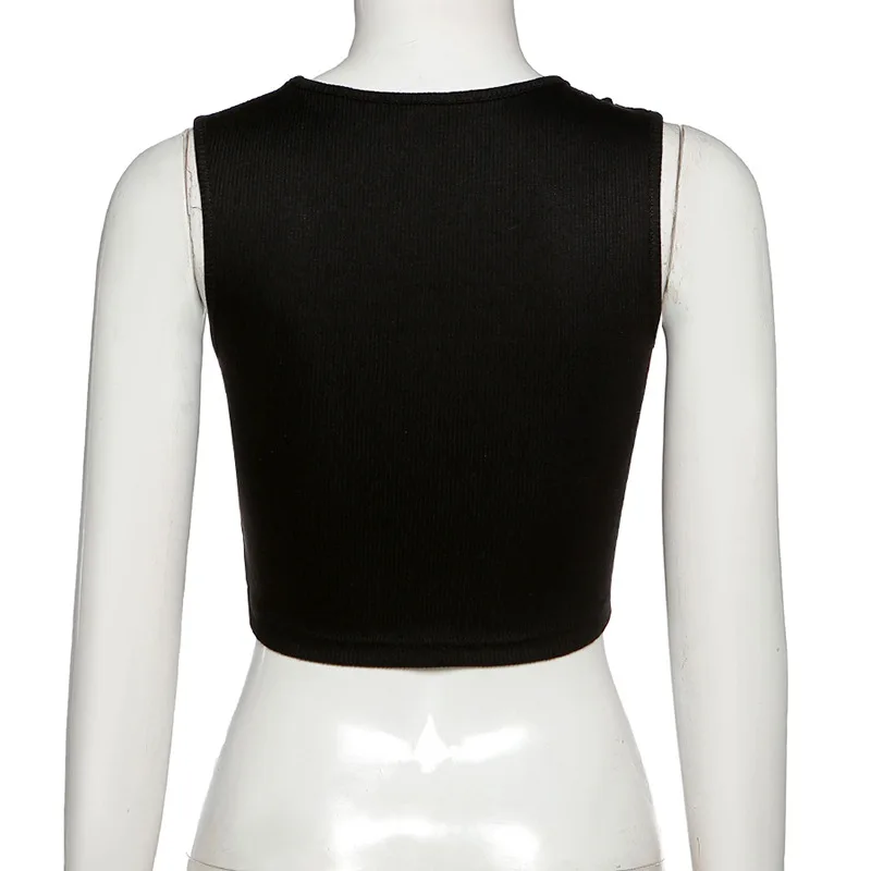 

E-girl Fashion Hollow Out Bandage Black Crop Tops Mall Goth Y2K Lace-Up Ribbed O-neck Sleeveless Tank Tops Streetwear 2021 New