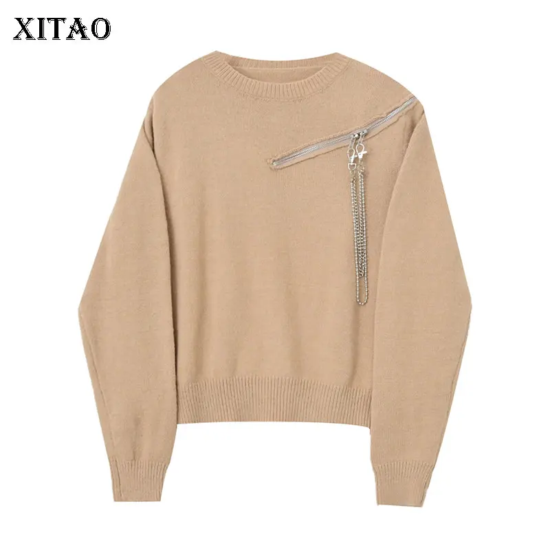 

XITAO New Knitting Sweater Pullover Casual Loose Zipper Splicing Chain Solid Color Fashion Simplicity All-match Women WMD3998