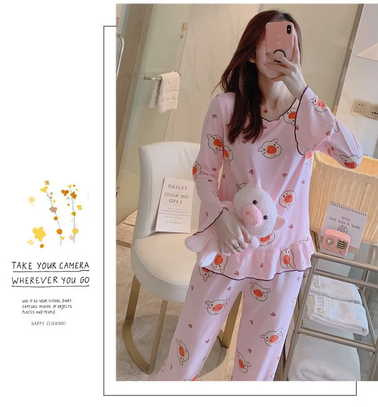 Wontive Autumn Women Long Sleepwear Suit Home Women Gift Female Sleepwear Cartoon female big plus size womens pajamas Sets