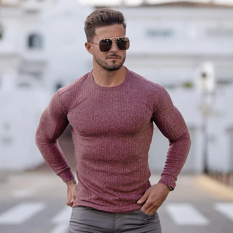 

Running Long Sleeve T-shirt Men Spring O-neck Sweaters Elasticity Strips Knitted Pullovers Men Autumn Slim Fit Sports Knitwear