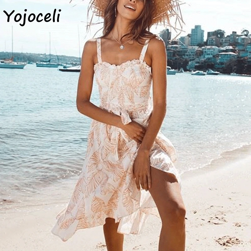Yojoceli Листья печати гофрированная Открытое платье без рукавов для женщин Бохо