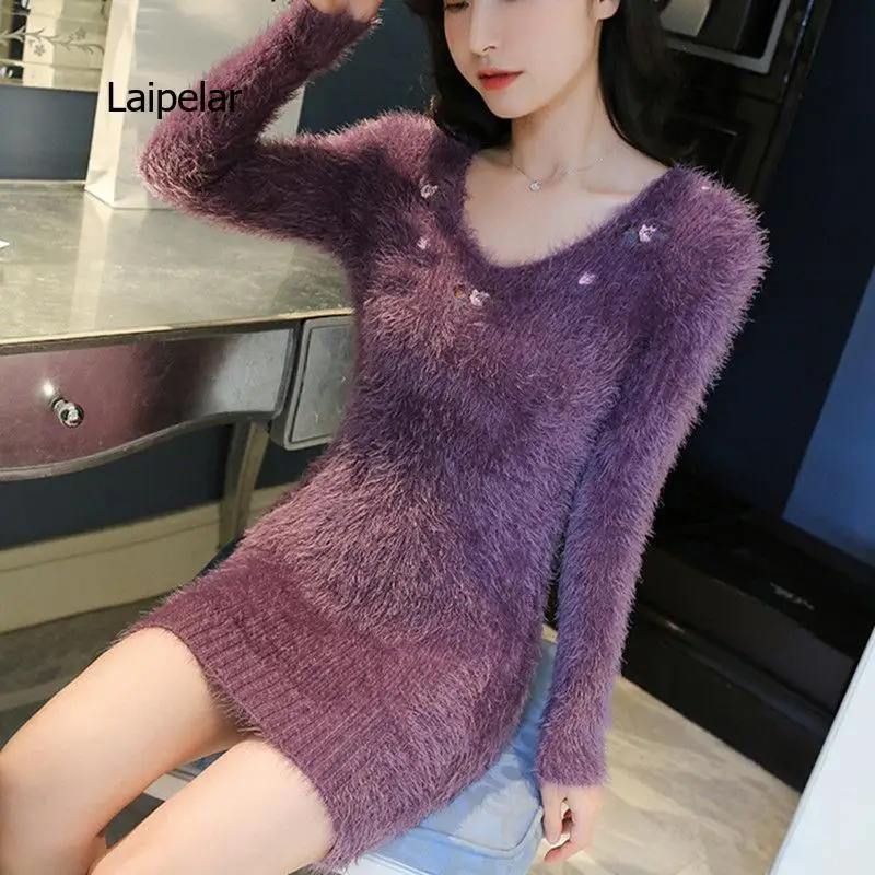 Женский пуховой свитер из искусственной норки эластичный вязаный пуловер с