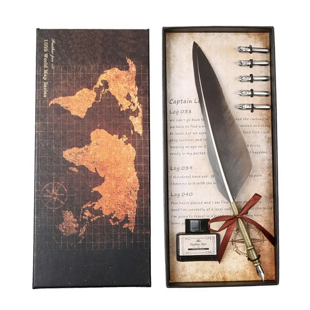 

Retro Feather Fountain Pen Calligraphy Quill Dip Caneta Feather Pen Writing Ink Bottle Set Birthday Gifts School Supplies（No ink