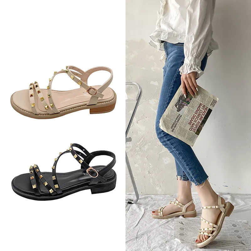 

Med Studded Sandals Comfort Shoes for Women Suit Female Beige All-Match Clear Heels 2021 Summer Medium Black New Fashion Girls C