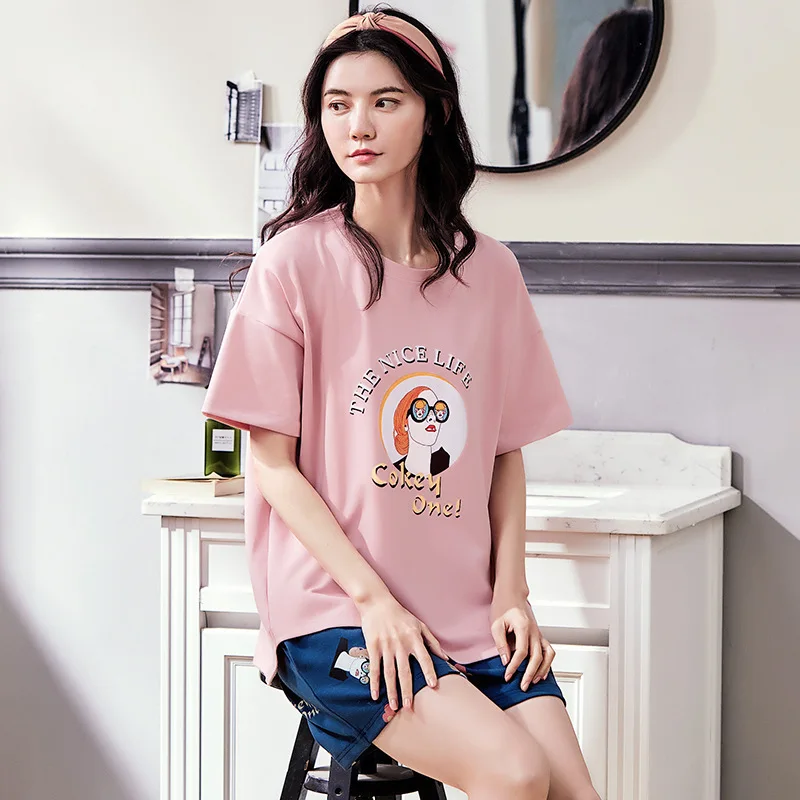 

Pajamas women's summer cotton short-sleeved shorts loose cartoon girls' printing cotton outdoor wear home clothes