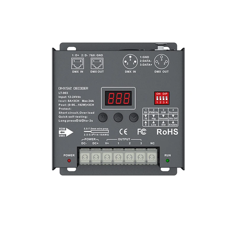 

LTECH New Led DMX-PWM Decoder;DC12-24V Input;8A*3CH Max 24A 576W Output XLR-3/RJ45 Port 3 Channel RGB Strip DMX512 Slave Decoder