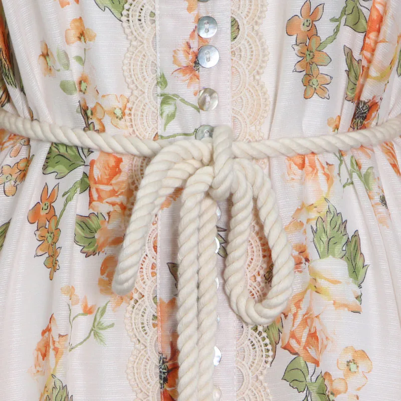 

TWOTWINSTYLE Vintage Print Dress For Women Stand Collar Lantern Long Sleeve High Waist Lace Up Mini Dresses Female Fashion Style