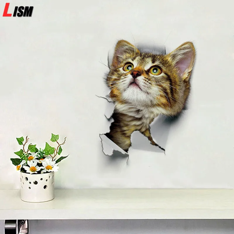 

3D Cute Cat Wall Sticker Toilet Stickers Vivid Cat Applique Background PVC Art Stickers for Living Room Home Decoration