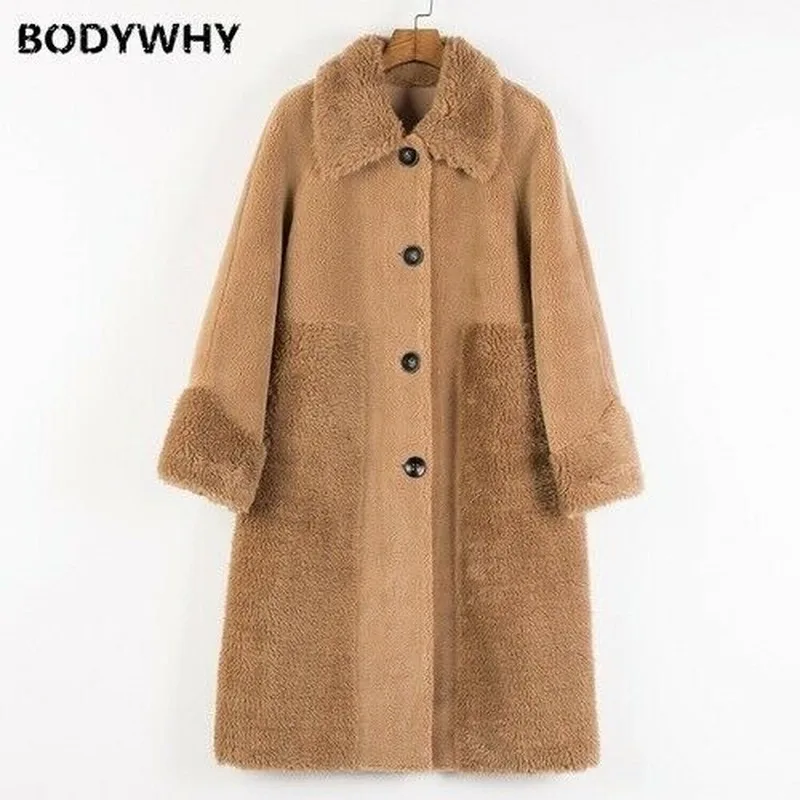 

Autumn Winter Women Elegant Turn Down Collar Overcoat Fashion Warm Long Jacket Outwear Oversize Leather Patchwork Feece Coat