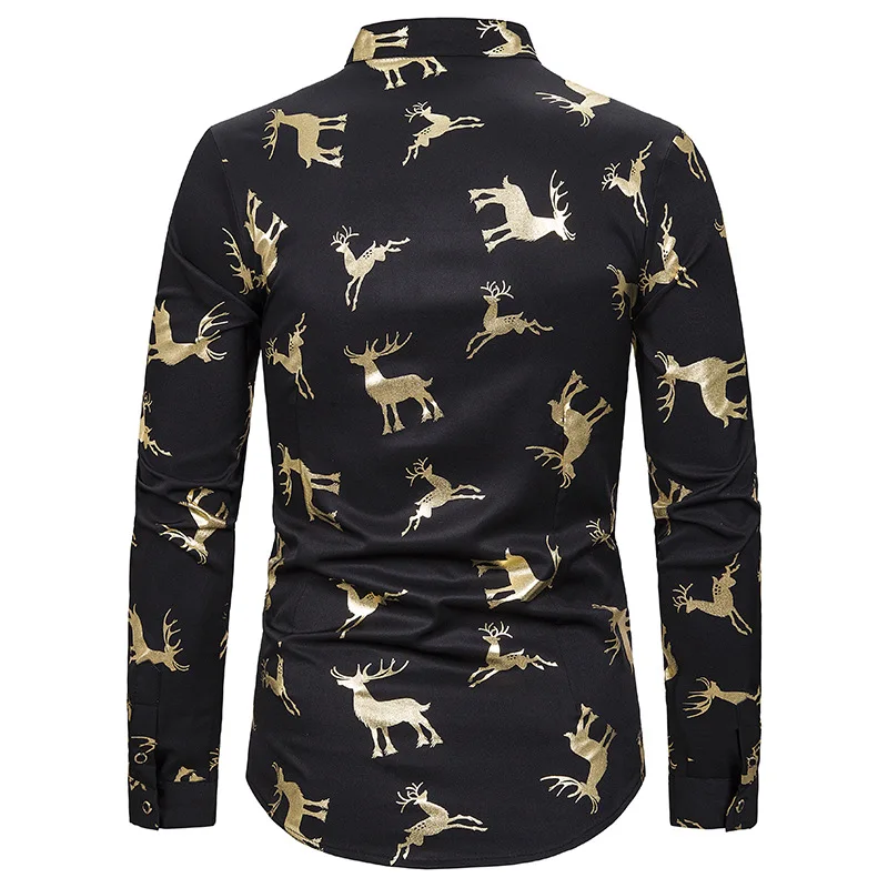 

Men Elk Printed Gold Bronzing Christmas Shirt Casual Slim Fit Henry Collar Chemise Homme Men Shirts Long Sleeve Party Prom
