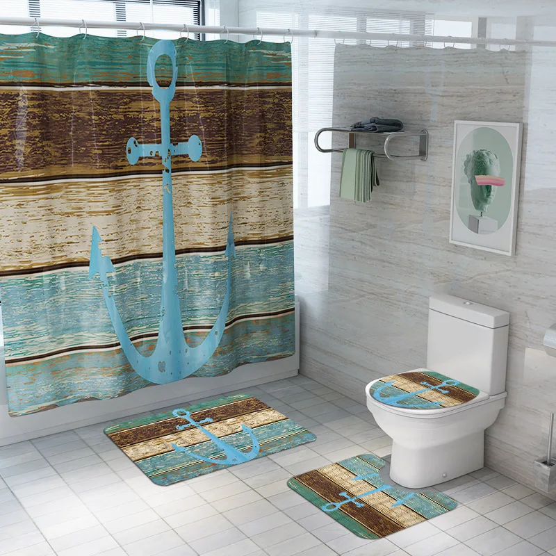 

Shower Curtain Set Printed Wooden Anchor Non-slip Bath Mat Toilet Cover Waterproof Polyester Shower Curtain Bathroom With Hooks