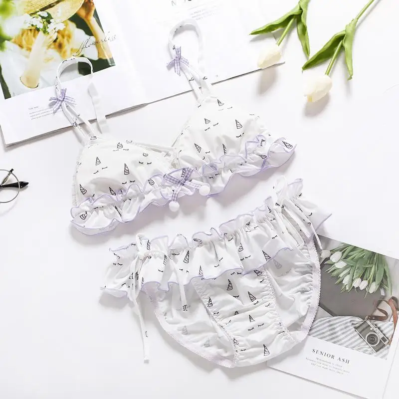 

Sweet Cute Sexy Lingerie for Small Chest Print Flower Wire Free Bra and Panty Set Underwear Women White Pink Bra Brief Thong New