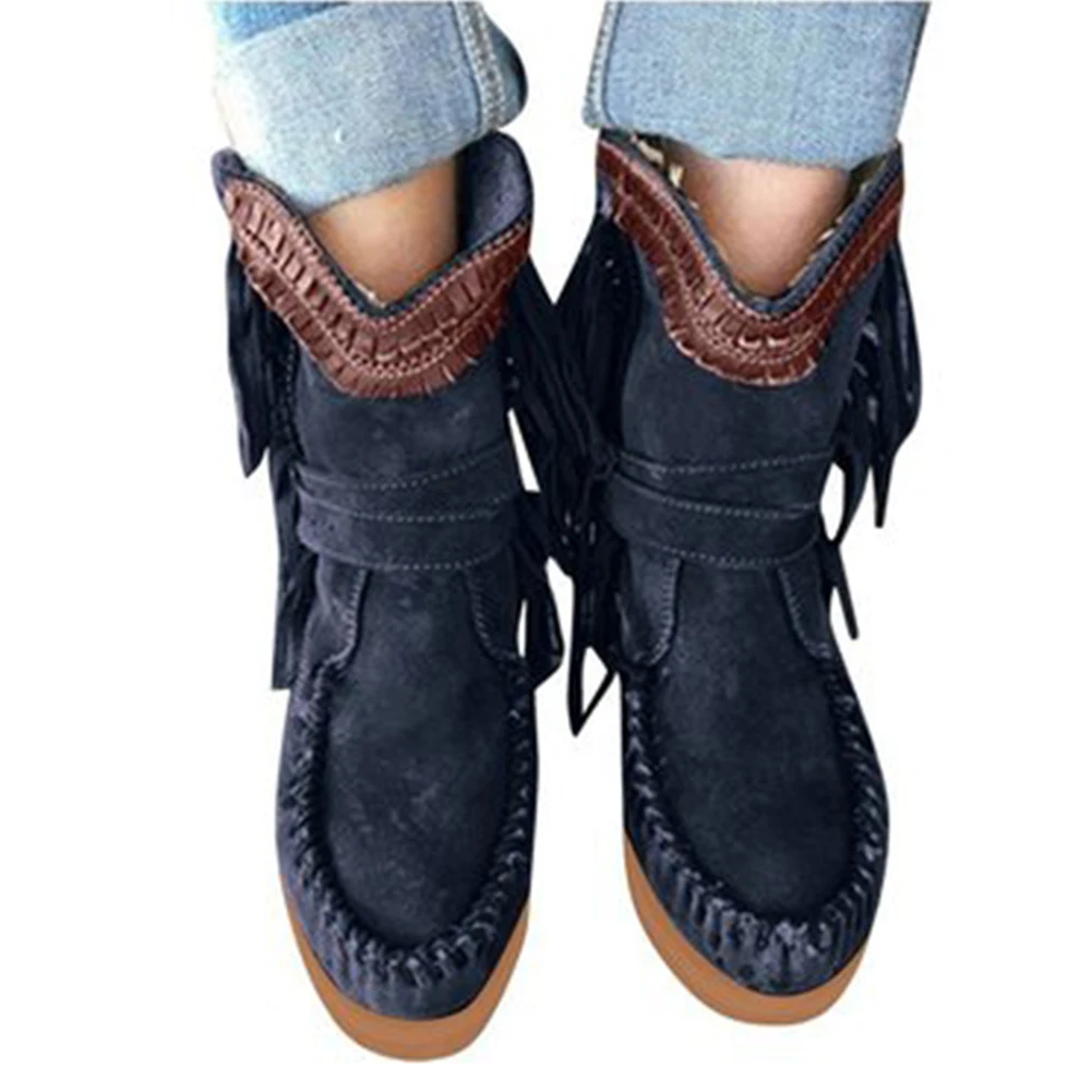 

2020 New Retro Autumn Flat Platform Western Boots Comfy Flat Low Heel Boots Women Elegant Fringe Ankle Shoes Women