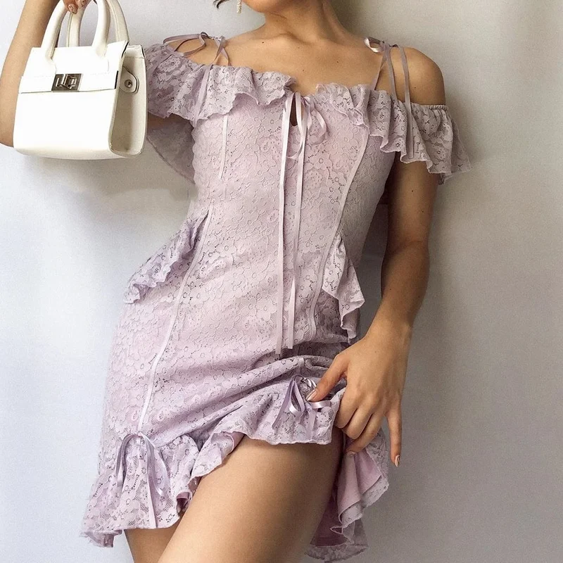 

Sexy Women's Dress 2021 Spring and Summer Ruffled Sleeveless One-shoulder Strap Lace Waist Dress Female Skirt Bodycon Bag Hip