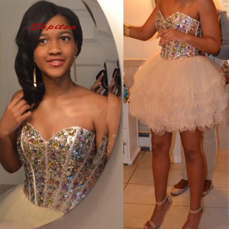 

Ivory Little Short Homecoming Dresses Crystal 8th Grade Prom Dresses Junior High Cute Cocktail Formal Dresses