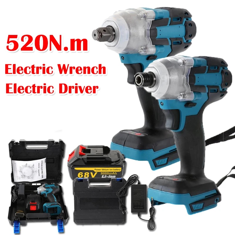 

520N.m Brushless Imapct Electric Wrench Power Driver for 1/2 Socket Rechargeable Screwdriver with 9000mAh Battery Storage Box