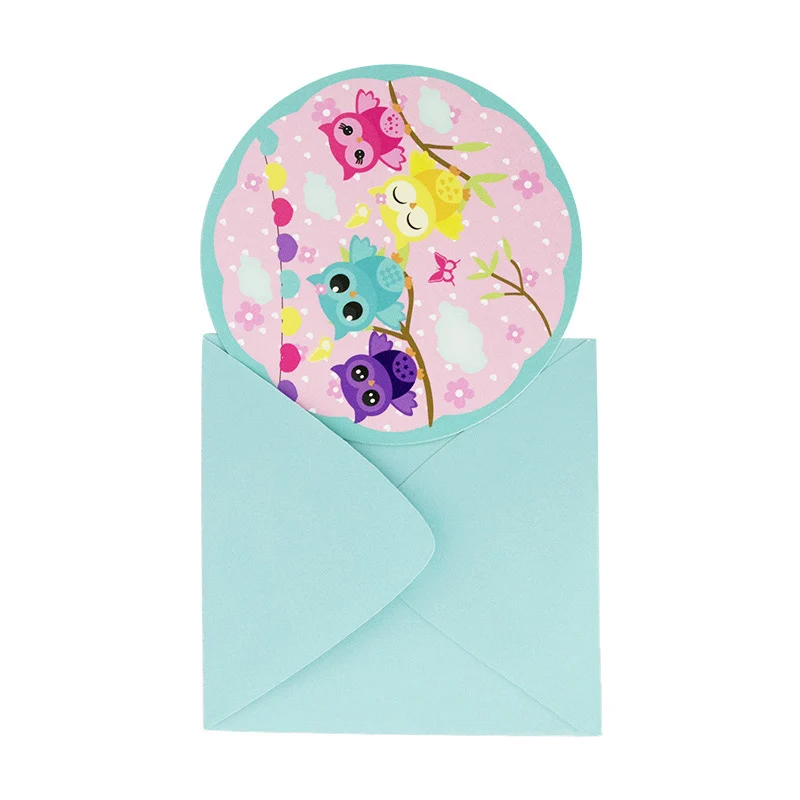 5pcs invitation card Розовая Сова тема одноразовая посуда набор лоток бумажное полотенце для чашек детский день рождения, детский душ вечерние Декор - Color: 5pcs invitation card