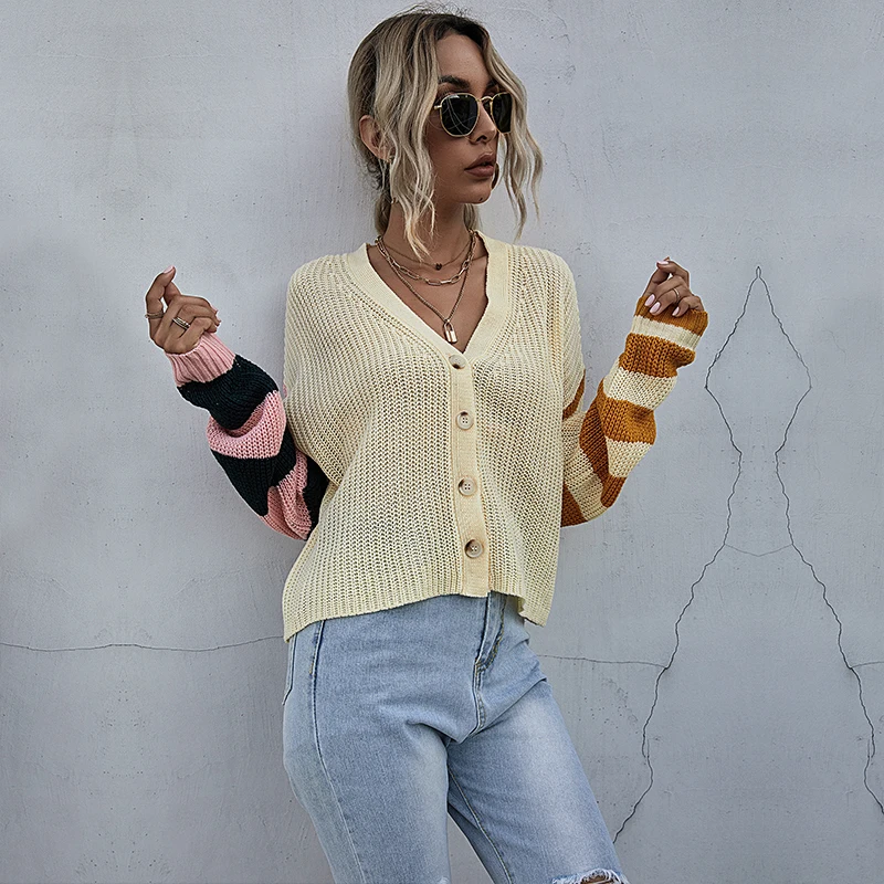 

Contrast Color Knitted Cardigan Sweater Jacket Women Casual All-match V-neck Long Sleeve Top Soft Elegant Outwear Autumn Winter