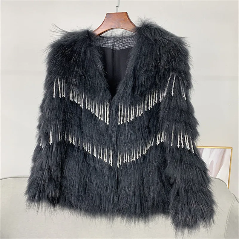Winter Personality Beaded Fashion Women Real Fur Jacket Female White Raccoon Fur Strip Tassel Jacket