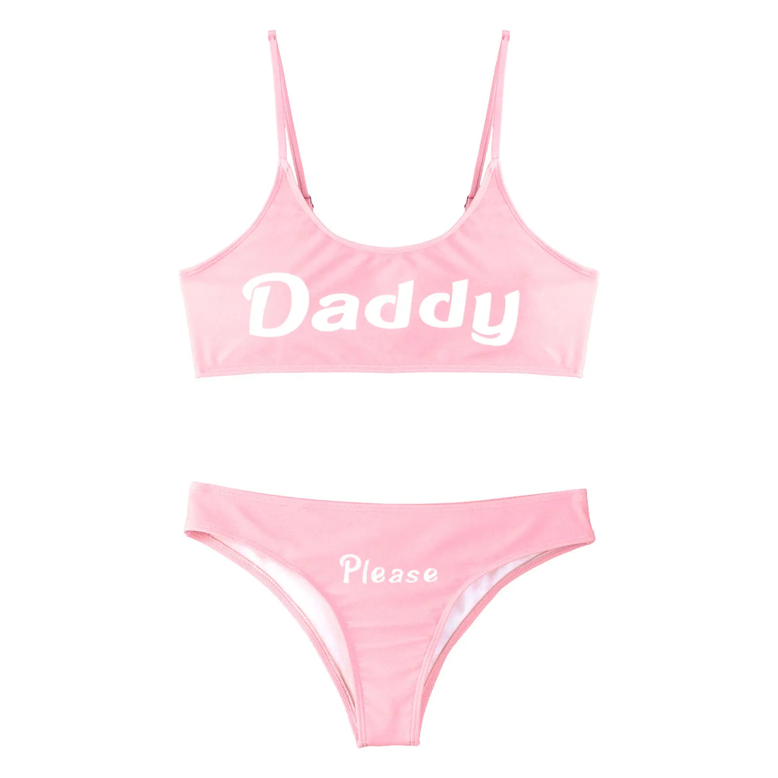 

Womens Yes Daddy Printed Swimwear Mini Camisole Bra Crop Tops with Briefs Underwear Set Bikini Swimwear Anime Cosplay Costumes