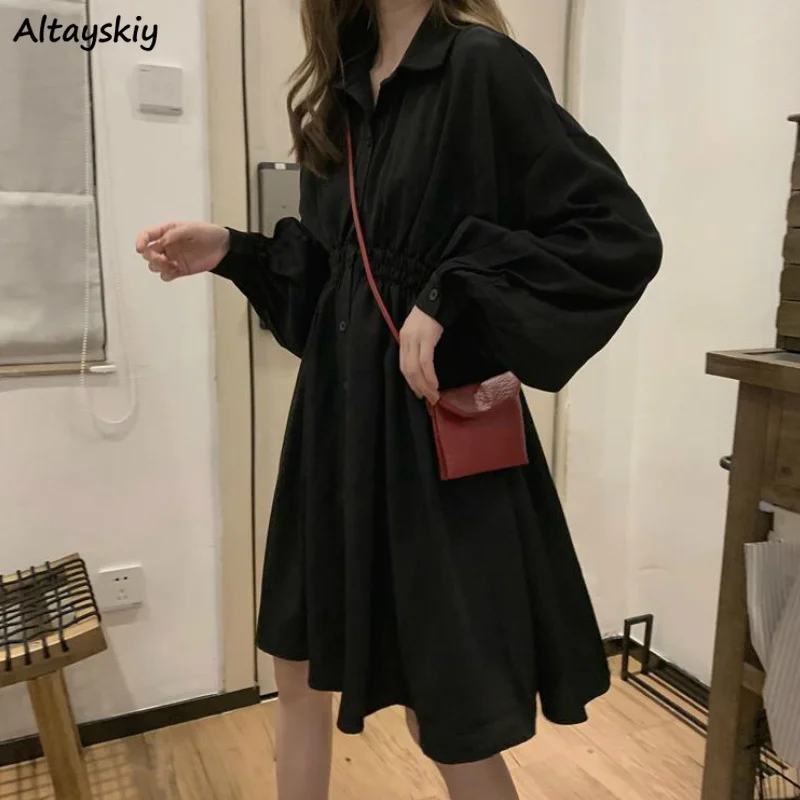 

Dress Long Sleeve All-match Preppy Style Sweet Simple Elegant Stylish New Students Womens Dress Streetwear High Elastic Waist