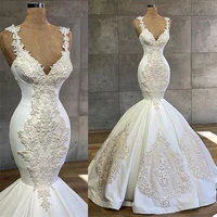 luxury mermaid wedding dress beads lace apppliqued robe de mariee custom made spaghetti straps beach boho bride gowns