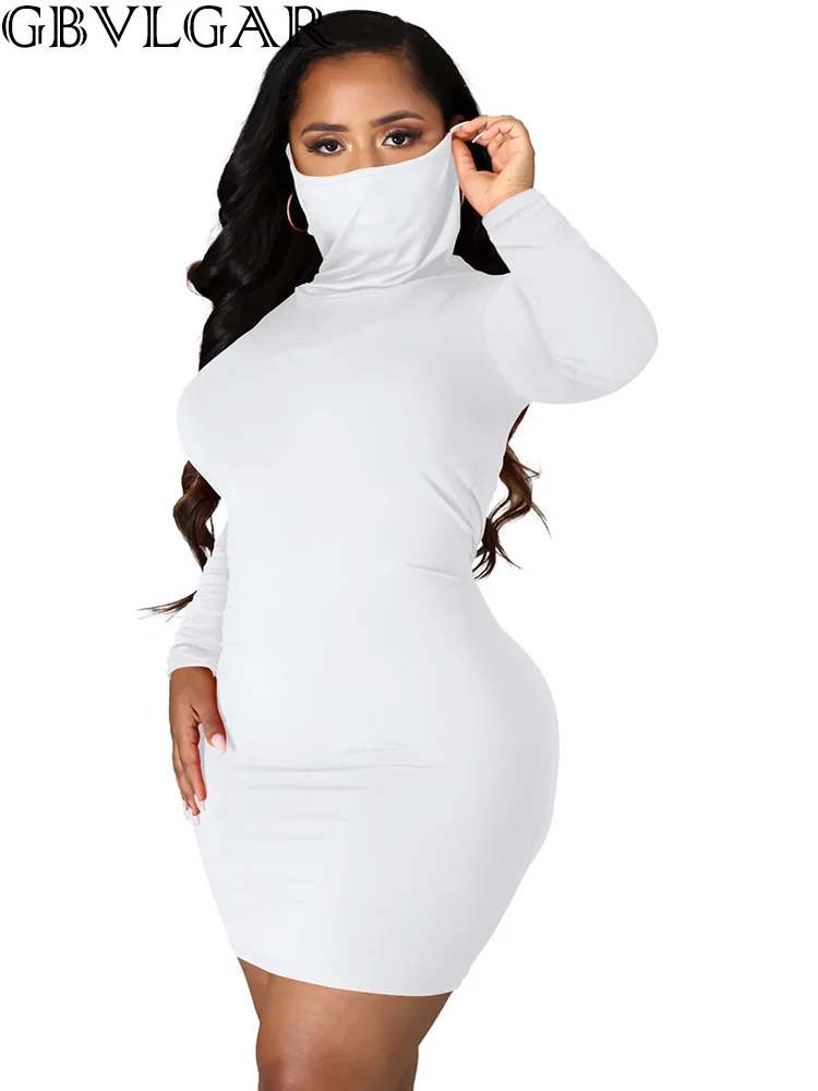 

Autumn Hot Fashion Bandage Long Sleeve Solid Color Women Dress With Face Mask Neck Short Mini Bodycon Street Dresses Vestidos