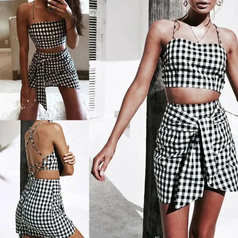 Женский клетчатый костюм из 2 предметов повседневный комплект топа без рукавов с