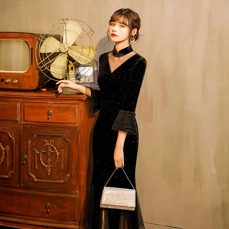 Винтажная Китайская одежда женское бархатное вечернее платье Ципао для