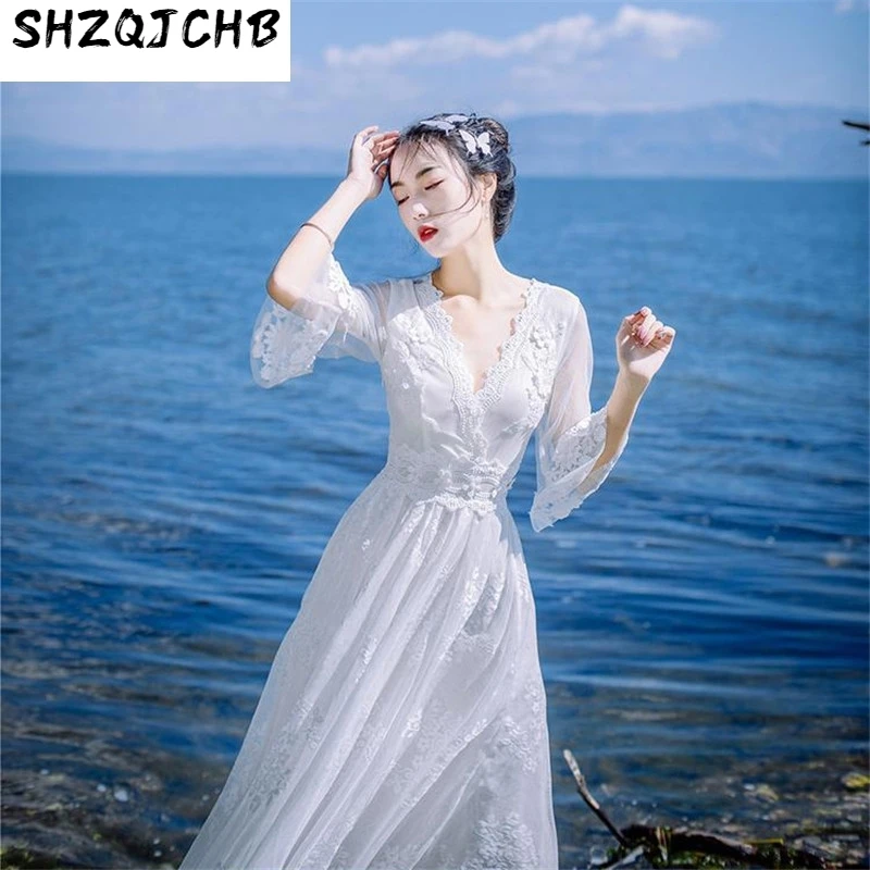

JCHB 2021 New White Lace Summer Dress Women V-Neck Backless Elegant Dresses Female Bohemian Beach Long Dress Vestidos LX1512