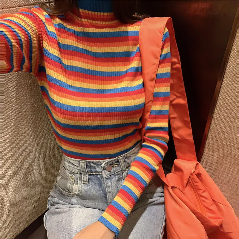 Vangull женский свитер в радужную полоску джемпер вязаная одежда модные облегающие