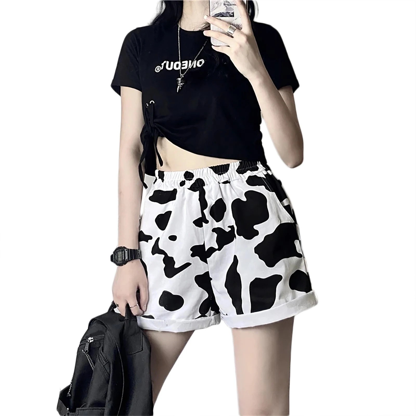 

Women Cow Printed Shorts, Casual Elastic Waist Black White Color Summer Short Pants