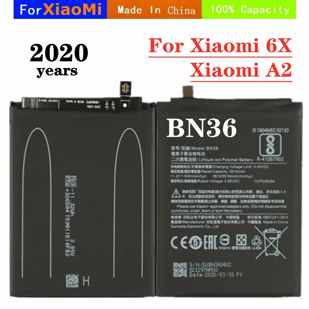 

2020 Years BN36 Battery For Xiaomi Mi 6X Mi6X Mi A2 MiA2 Phone Battery 3010mAh Replacement Batteries High Quality