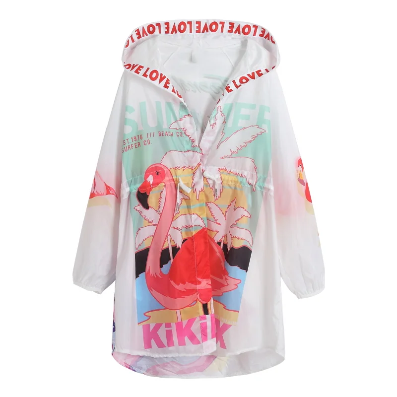 Женское длинное тонкое пальто с капюшоном и принтом Фламинго из мультфильма лето