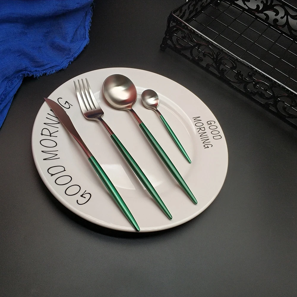 Горячая Распродажа зеленые серебряные столовые приборы из нержавеющей стали