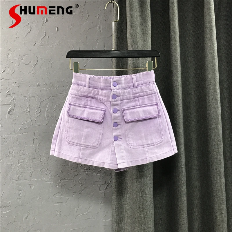 

Летние женские джинсовые шорты, новые свободные шорты из денима с высокой талией и карманами, в европейском стиле, имитация двух частей, жен...